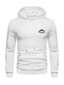 男士秋冬简约山地标语印花口袋抽绳连帽衫，适合日常休闲穿着 - 白色 - 查看 9