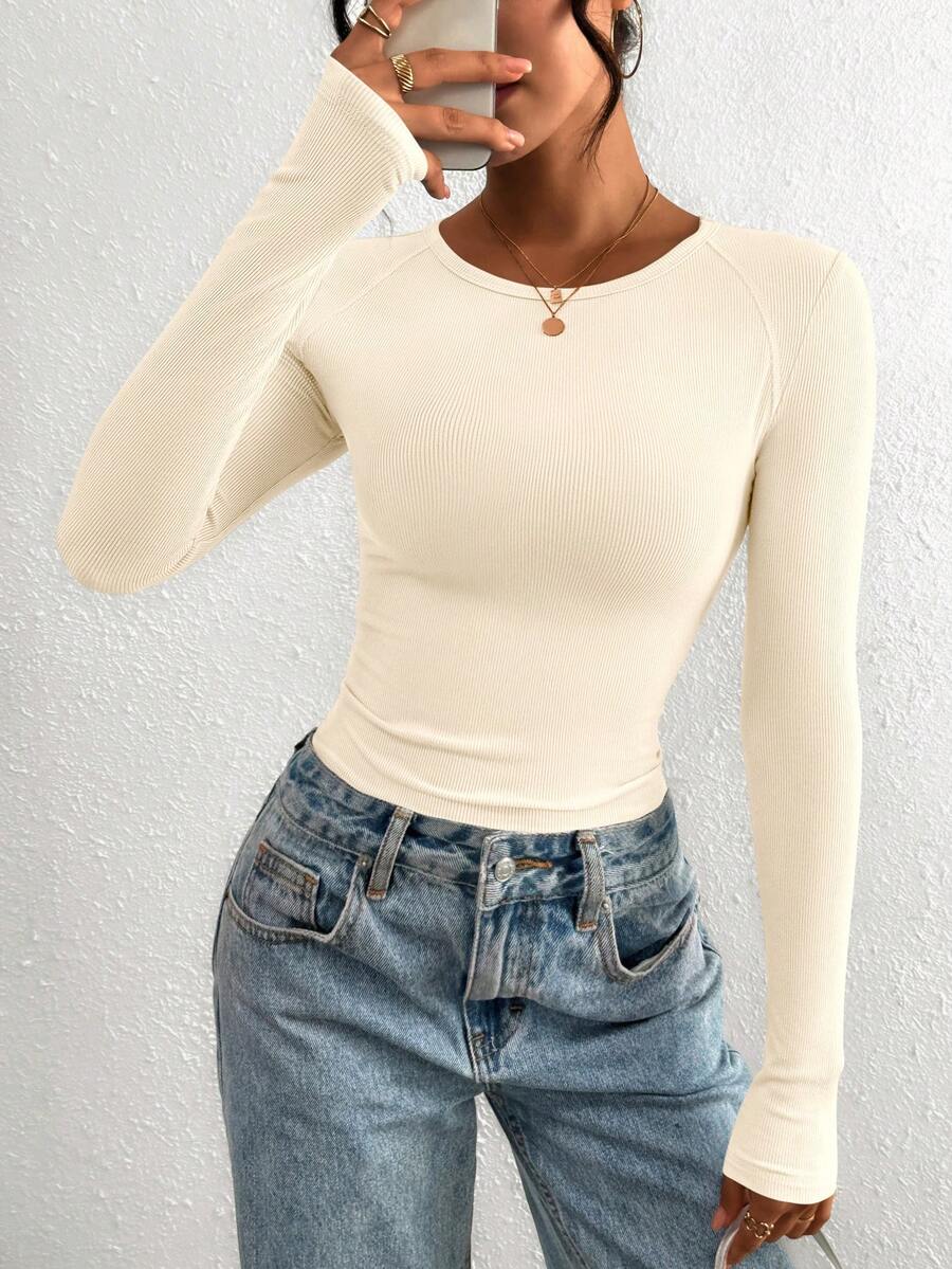 PRETTYGARDEN Women Spring And Fall Long Sleeve Shirts Clothes Cute Going Out Tops Ribbed Tight Fitted Plain Basic Tee Tshirts Vacation Outfits For Women - 米色 - 查看 1