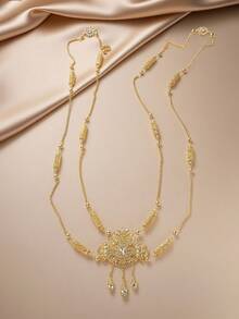 手工微镶嵌水晶金属摩洛哥婚礼身体饰品，阿拉伯新娘肩链 - 金色 - 查看 8