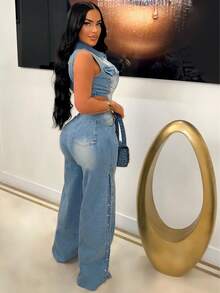 HERTALK Denim Jumpsuit For Women Sexy Sleeveless Hollow High Waisted Stretchy Side Snap Slit Wide Leg Jeans Long Rompers - 藍色 - 查看 2