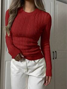 Apperloth A 女士春季轻薄休闲圆领长袖修身短款纹理针织套头毛衣 - 紅色 - 查看 1