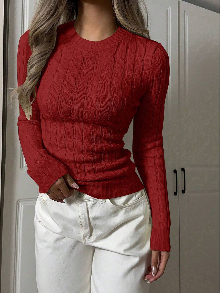 Apperloth A 女士春季轻薄休闲圆领长袖修身短款纹理针织套头毛衣 - 紅色 - 查看 1