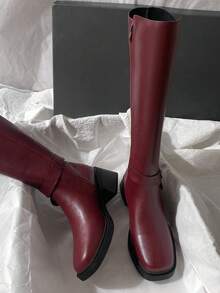 Fall/Winter 2025 New Mid-Heel Knee-High Boots, Simplistic Motorcycle Riding Style, Versatile For Women - Burgundy - View 4