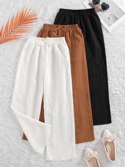 3pcs/Set Girls Casual Solid Color Pants With Elastic Waist And Bow Decor, Suitable For Outings, Spring/Autumn