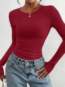 PRETTYGARDEN Women Spring And Fall Long Sleeve Shirts Clothes Cute Going Out Tops Ribbed Tight Fitted Plain Basic Tee Tshirts Vacation Outfits For Women - 紅色 - 查看 6