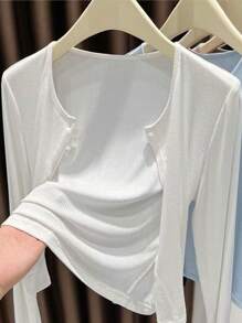 女士不对称纽扣针织开衫，长袖轻薄披肩领外套，黑色/白色/灰色/粉色可选，适合搭配连衣裙