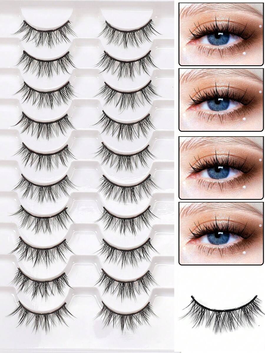 10 paia di ciglia finte spesse dall'aspetto naturale, ciglia a forma di diavolo europee e americane, nere dritte e arricciate