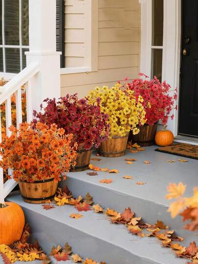 12 PCS Artificial Mother Outdoor Flower POTS, 34cm/14.5in Length And 21.6cm/8.5in Width Artificial Mother For Autumn Decoration Of Outdoor Home, Autumn Artificial Silk Flower Plant Appearance Is Realistic And UV-Resistant, Suitable For Outdoor Home Porch And Terrace Decoration Of Artificial Mother, UV-Resistant Silk Flower Plastic Plant For Front Porch, Garden And Courtyard Home Decoration