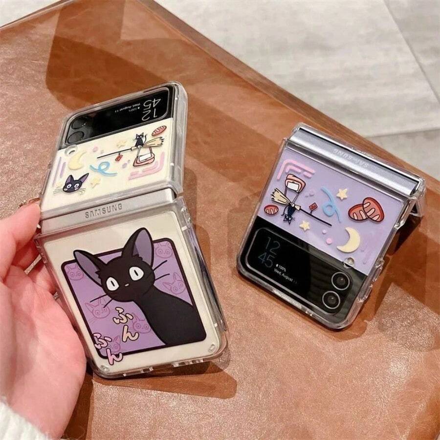 Kiki's Delivery Service New Jelly-Colored Glossy Folding Screen Phone Case For Samsung Z /6/5/4/3 Flip Cover Anti-Drop Protective Cover For Razr 40/50/60 Pro Ultra Large Hole Personalized Creative - 貓 - 查看 1