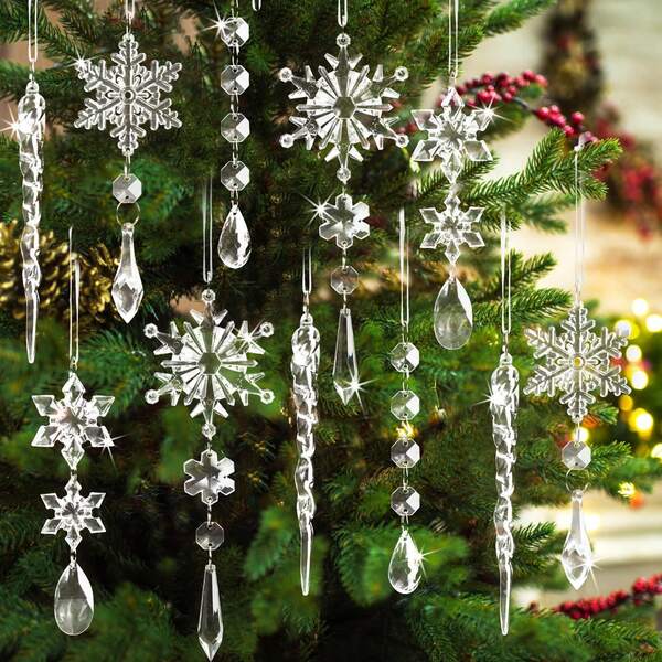 18pcs Crystal Christmas Ornaments For Tree Decorations-Hanging Acrylic Snowflake Icicle Ornaments With Drop Pendants For Winter Wonderland Chandelier Crystals Decorations Supplies Home Decor Christmas Decorations Room Decor