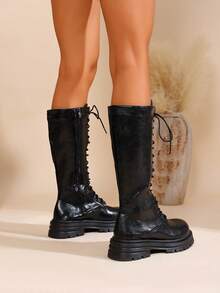 Stivali neri da donna alla moda, comodi, con punta tonda, suola spessa antiscivolo, classici con lacci e cerniera laterale, adatti per l'uso casual all'aperto in primavera e autunno, tomaia in PU, colore unito minimalista, versatili, stivali classici alla caviglia, scarpe stile Y2K