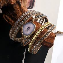 1pc Bohemian Style 5-Strand Natural Stone & Glass Handmade Braided Wrap Bracelet, Asymmetrical Agate Sunflower Connector Bracelet, Women Holiday Gift - BR1076 - View 6