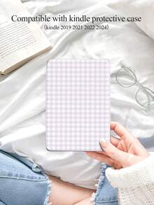Summer Cooling Purple Plaid Pattern Tablet Case Compatible With Kindle NK 11/Kindle Paperwhite 5, IPad (A16) 11 Inch 11th Generation 2025, IPad 10.2 Inch 10th Gen, Auto Wake/Sleep Function, Slim & Lightweight, Perfect Fit Protection