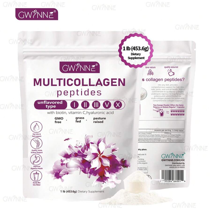 Gwynne Multicollagen Peptides Polvo,con Biotina,vitamin C Y Hyaluronic Acid,apoya La Salud Del Cabello, La Piel Y Las Articulaciones,1lb 453.6g