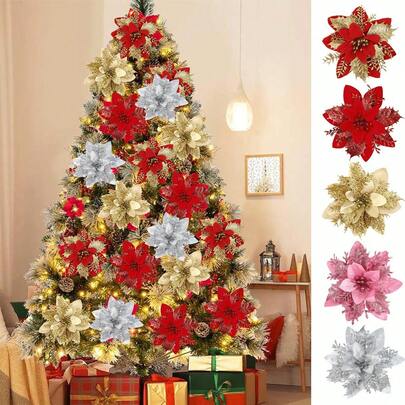 5/10 件红色、金色和粉色一品红人造圣诞闪光花，圣诞饰品圣诞树花饰带茎 DIY 圣诞花环节日家居派对装饰，2025 年圣诞家居装饰礼物 2026 年新年