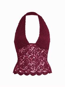 Vaiaye Women's Knitted Sexy Lace Backless Camisole, Solid Color V-Neck T-Shirt, Suitable For Valentine's Day Wear, Spring/Summer - Burgundy - View 3