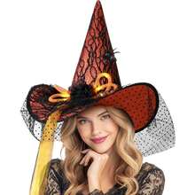 Hatisan 1Pcs Halloween Witch's Hat, Halloween Decorative Hat With Spider & LED Lights, Vintage Style Party Headwear, Halloween Masquerade Parties, Cosplay Accessories For Halloween, Christmas Costume Party Supplies - 橘色 - 查看 6