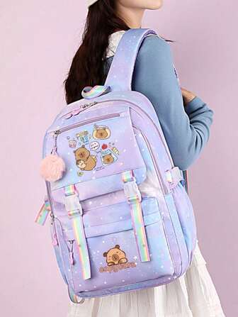 Cute Capybara Soft Nylon Backpack - Lightweight, Spacious, With Fuzzy Pom Pom Decor, Suitable For School And Daily Commute, Available In Blue/Rose Red/Pink/Purple, Travel Backpack Back To School Surprise Gifts School Supplies School Essentials Stationery Supplies Sprayground Backpack Gifts For Christmas Merry Christmas Christmas Trees Christmas Lights & Halloween