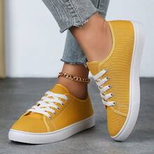 Women's Low-Top Soft-Soled Flat Casual Shoes, Simple And Fashionable, Versatile Women's Shoes. Lightweight Daily Sports Shoes With PVC Cushioning Insoles - Women's Casual Shoes, Suitable For All Seasons, Ideal For Office, Outdoor And Party Occasions - Easy-To-Clean Polyurethane Synthetic Fabric Upper, Simple Design, Rubber Sole, Breathable Material, Comfortable For Daily Wear. - 黃色 - 查看 4