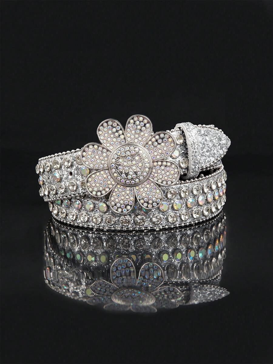 1条男士银色朋克摇滚Y2K铆钉彩色水钻向日葵扣腰带，百搭休闲秋冬配饰，适合青少年、青年、男士，休闲、户外、运动、度假、毕业礼物、生日、日常佩戴