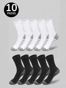 2/5/10/20 Pairs Black, White, Gray Solid Color Mid-Calf Socks, Striped Sports Socks, Suitable For Daily Fitness, Running, All Seasons, Fall - Multicolor - View 14