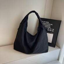 Women's Solid Color Textured Draped Tote Bag, Back To School, Large Capacity Shoulder Bag For Work & Daily Used, Casual  Versatile High-Quality Daily Commuting Bag - Black - View 9