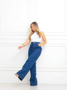 Calça Feminina Pantalona Jeans Wide/Leg Cintura Alta - Lavagem escura - Visão 4