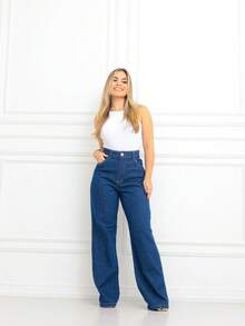 Calça Feminina Pantalona Jeans Wide/Leg Cintura Alta - Lavagem escura - Visão 1