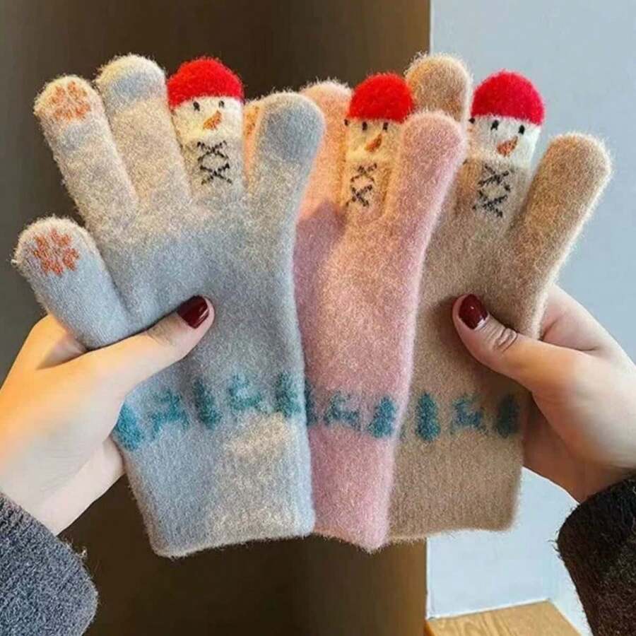 1pc Korean Style Touch Screen Gloves, Cute Thermal Lined Thick Winter Gloves For Women, Windproof Warm Five Finger Gloves For Men