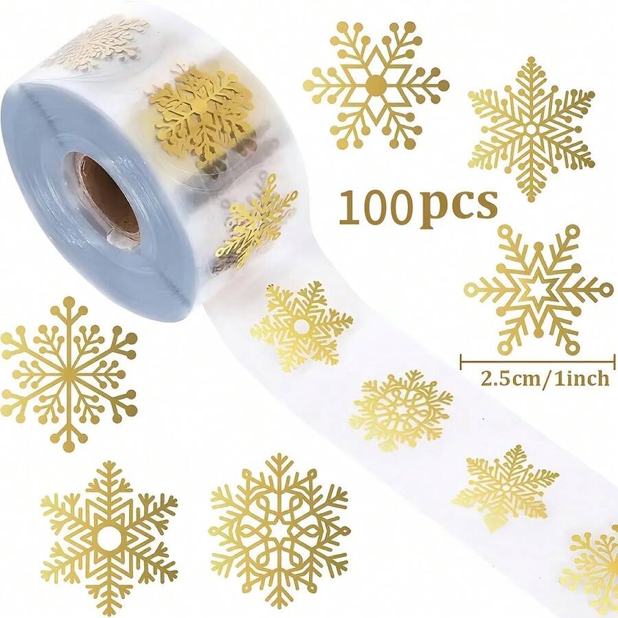 100pcs Transparent Christmas Snowflake Sealing Stickers - Non-Sticky Decoration, Golden Snowflakes For Gift Wrapping, Ornament Decorating, Cards - Roll Of 100 For Holiday Party Decorations, Festive Ornament Accents, Vibrant Festive Decor, Adhesivefree Decor, Card Embellishments, Highquality Finish, Decorative Seals, DIY Decorators Christmas Decorations Home Christmas Gifts Christmas Decor - Multicolor - View 1