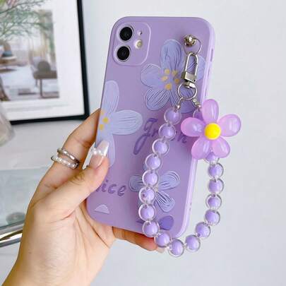 TPU Flower Element Lanyard Style Fashion 1pc Purple TPU Floral Print Shockproof Full Coverage Phone Case And 1pc Purple Flower & Bead Bracelet Lanyard Suitable Compatible With Apple Phone, Matching Phone Case, Phone Case With Lanyard, Interesting Phone Case, Android Phone Case, Phone Case, Phone Case, Phone Case, Phone Case, 13 Case, 13 Pro Case, 13 Pro Max Case, 16 Pro Max, 17 Pro Max, 15 Case, 16 Case Spring Gift