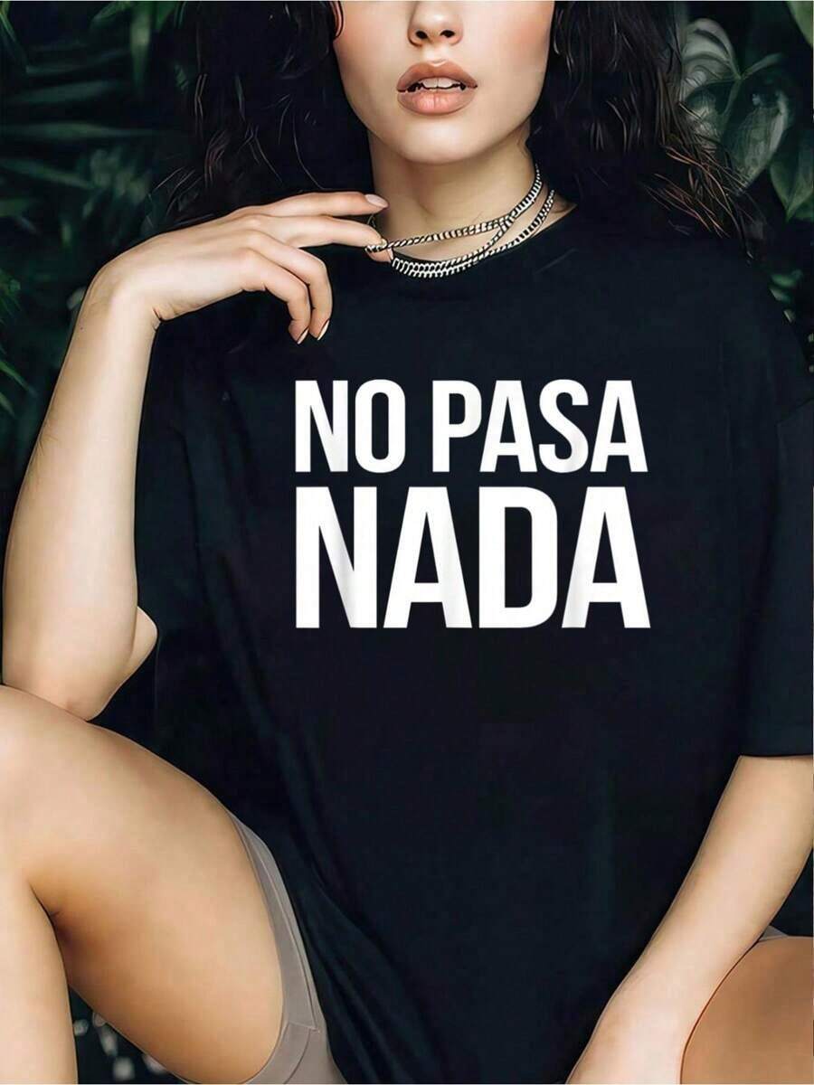 No Pasa Nada Shirt Spanish Latino Apparel -Cotton  Women's Casual Short Sleeve Crew Neck-Shirt Spring & Summer - Comfortable, Relaxed Fit, Summer Tops For Women, Modest Tops,Cotton Women Clothing - 黑色 - 查看 1