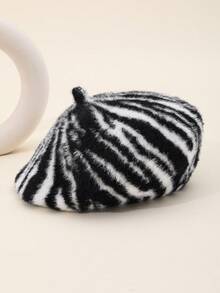 1pc Casual Faux Fur Zebra Striped Beret Hat, Vintage Thick Pattern, Soft & Fluffy, Suitable For Gifts And Daily Wear, Autumn/Winter