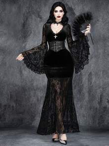 女士哥特性感复古暗黑万圣节浪漫蕾丝拼接天鹅绒V领交叉女巫袖角色扮演派对连衣裙，带弹力 - 黑色 - 查看 5