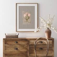 1 pezzo Stampa artistica a parete bianca senza cornice con tulipano, cartellone floreale con motivo a scacchi marrone in stile cottage, decorazione minimalista da fattoria per soggiorno/camera da letto/camera da letto, decorazione primaverile botanica per la stanza, regalo perfetto (stampe da parete, cartellone funky, ritorno a scuola)