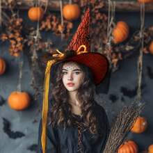 Hatisan 1Pcs Halloween Witch's Hat, Halloween Decorative Hat With Spider & LED Lights, Vintage Style Party Headwear, Halloween Masquerade Parties, Cosplay Accessories For Halloween, Christmas Costume Party Supplies - 橘色 - 查看 2