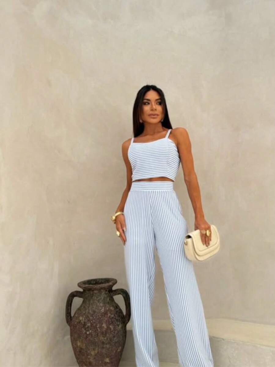 Women's Fashion | Casual Style | Wide Leg Pants | Tie-Up Top | Stylish Set | Summer | Striped Set - 藍白色 - 查看 1