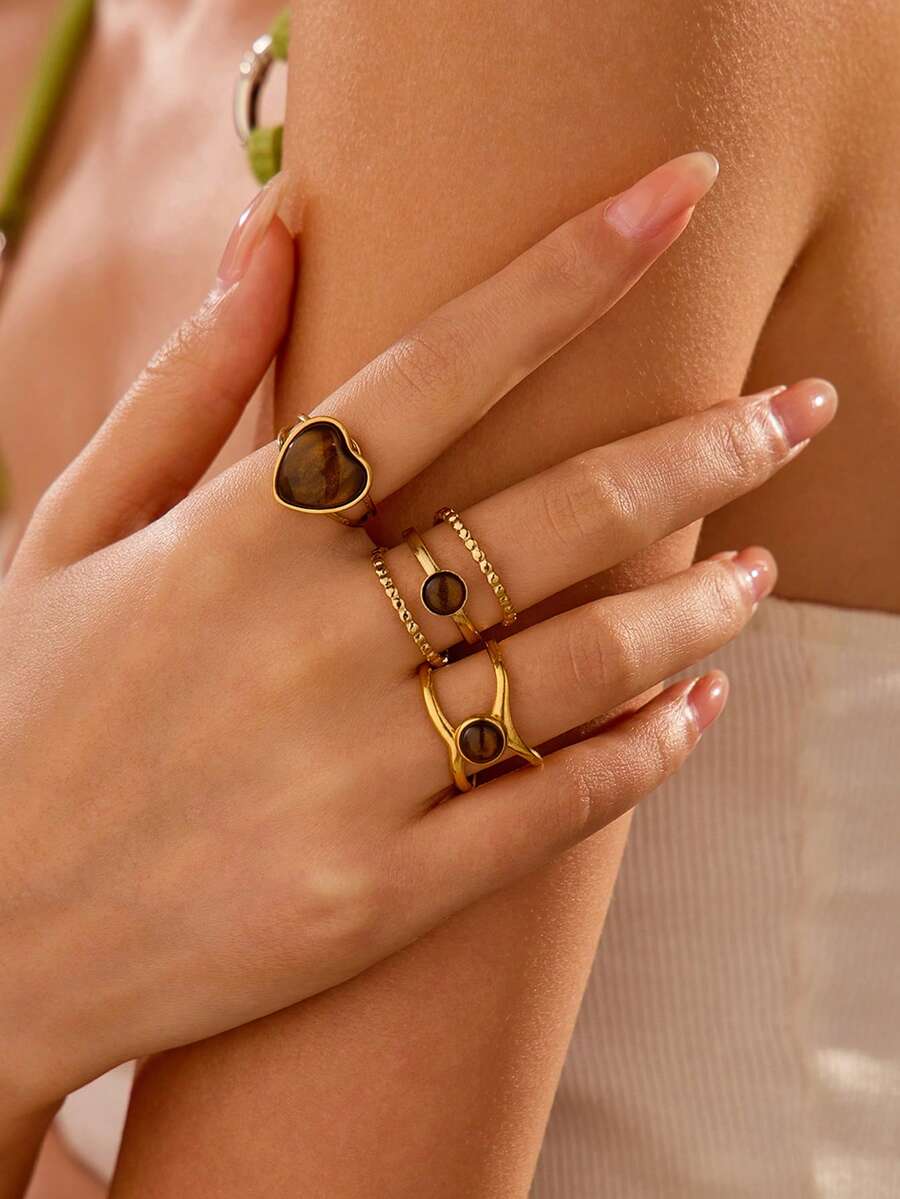 3pcs Stainless Steel Golden Vintage Style Oil Pressure Heart Brown Gemstone Ring Set, Suitable For Women Decoration Or Gift - Yellow Gold - View 1