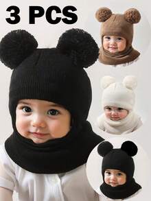 1pc Infant/Toddler Newborn Black Cute Knit Double-Ball Balaclava Ski Mask Hat, Suitable For Winter, Warm And Casual, Baby Boy Girl Kids Beanie Hat For Outdoor & Daily Use - Multicolor - View 6