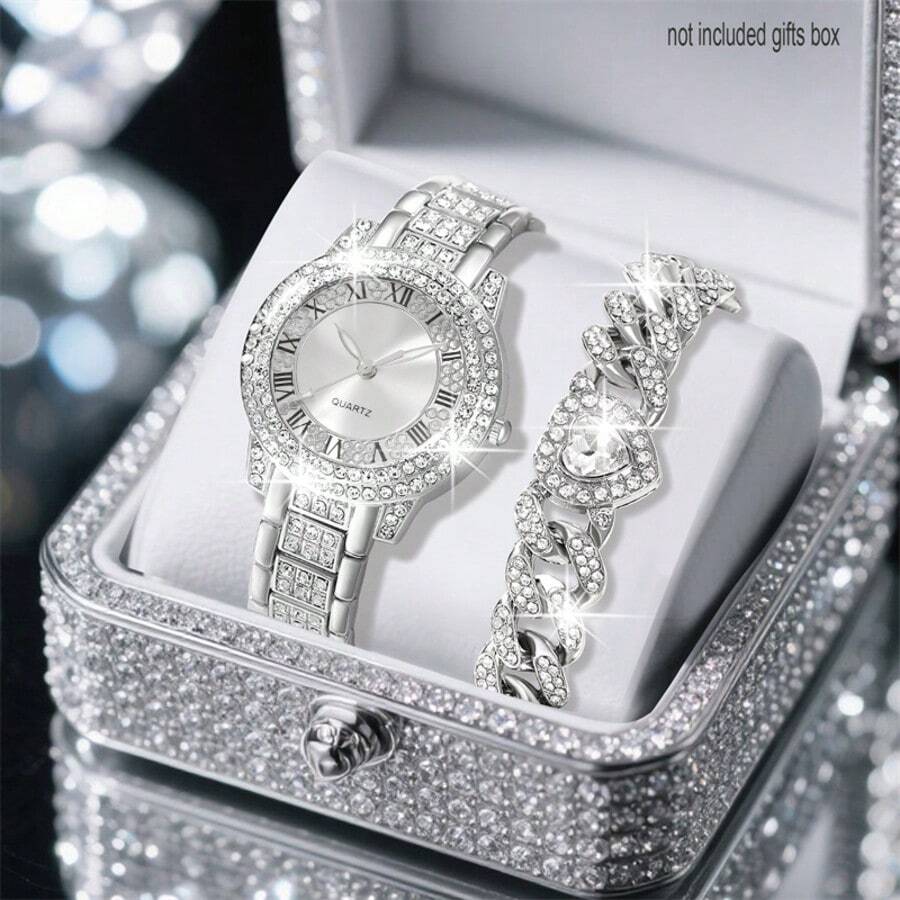 女士手表套装，时尚优雅圆形石英表，镶钻手链，适合日常佩戴，生日礼物套装（不含礼盒）