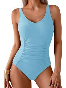 Traje de baño de una pieza con diseño fruncido y control de abdomen - azul claro - Ver 1