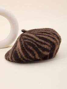 1pc Casual Faux Fur Zebra Striped Beret Hat, Vintage Thick Pattern, Soft & Fluffy, Suitable For Gifts And Daily Wear, Autumn/Winter