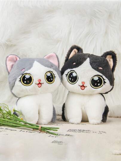 可爱的卡哇伊猫毛绒玩具 - 柔软蓬松的灰色/黑色填充动物 - 非常适合家居和沙发装饰，理想的生日或节日礼物