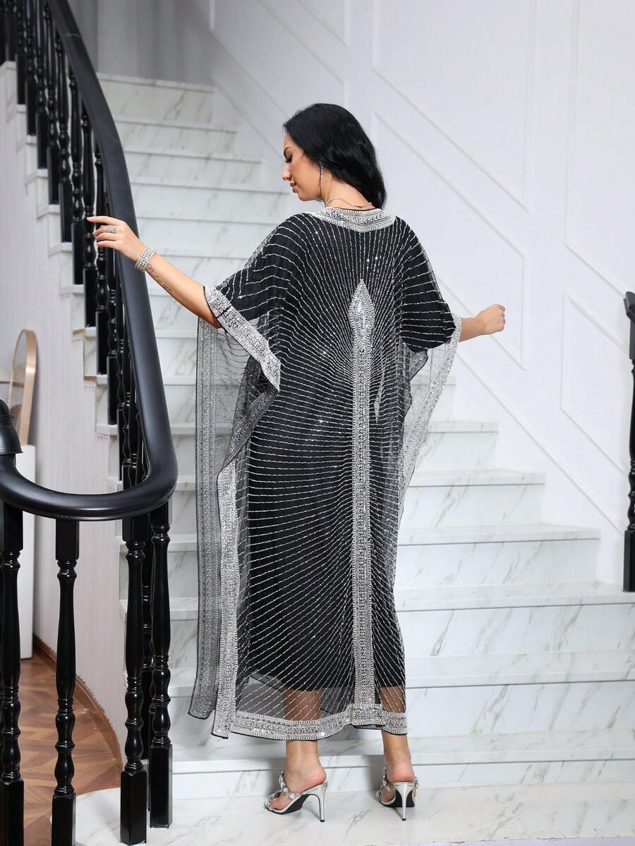 JINLICX Bộ váy dài tay cao cấp kiểu khăn choàng, váy dạ hội trang trọng. - Bạc - Xem 1