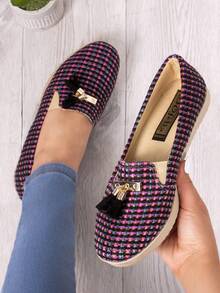 Mocasines casuales para mujer con borlas y diseño geométrico, punta redonda, estilo casual, ideales para oficina y diario, alpargatas planas - Morado - Ver 1