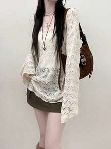 V领镂空针织长袖宽松休闲轻薄罩衫 - 杏色 - 查看 5