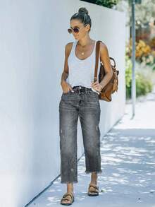 Comfortable Loose Fit Stretchy Distressed Washed Blue Frayed Hem Straight Leg Jeans For Women, Street Style