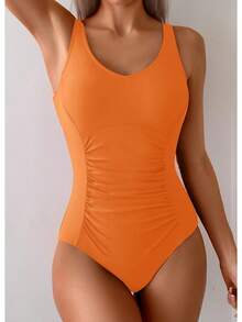 Tummy Control One Piece Swimsuit With Ruched Design - Orange Yellow - View 9