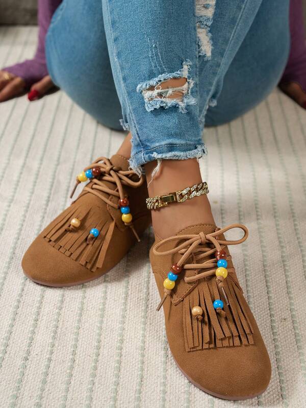 Women's New Tassel Brown Lace-Up Handmade Beaded Bohemian Flats, Fashion Classic For Women All Seasons