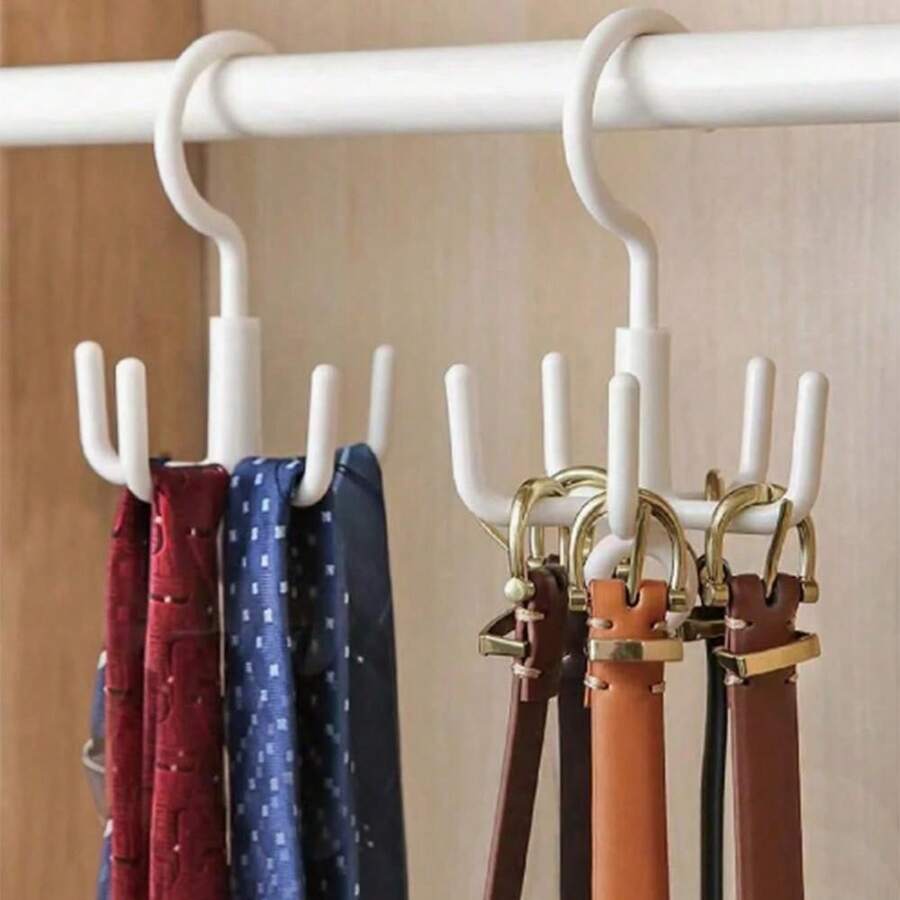 1pc Rotating 4 Hooks Plastic Wall Hanger Organizer, No Drill Multifunctional Rack For Belts, Ties, Underwear, Bags, Scarves,Clothing, Storage Hook - White - View 1